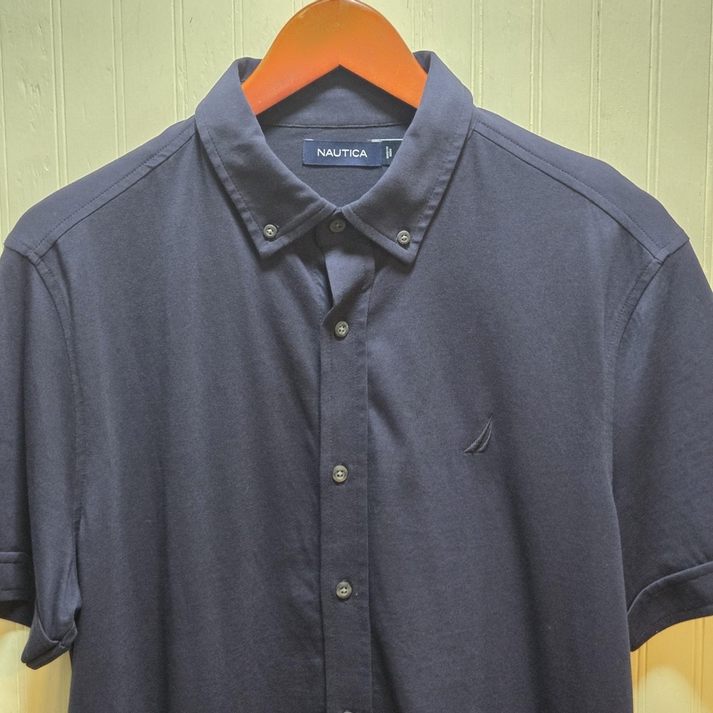 Nautica Shirt Mens Medium Blue Solid Short Sleeve Button Down Cotton Casual